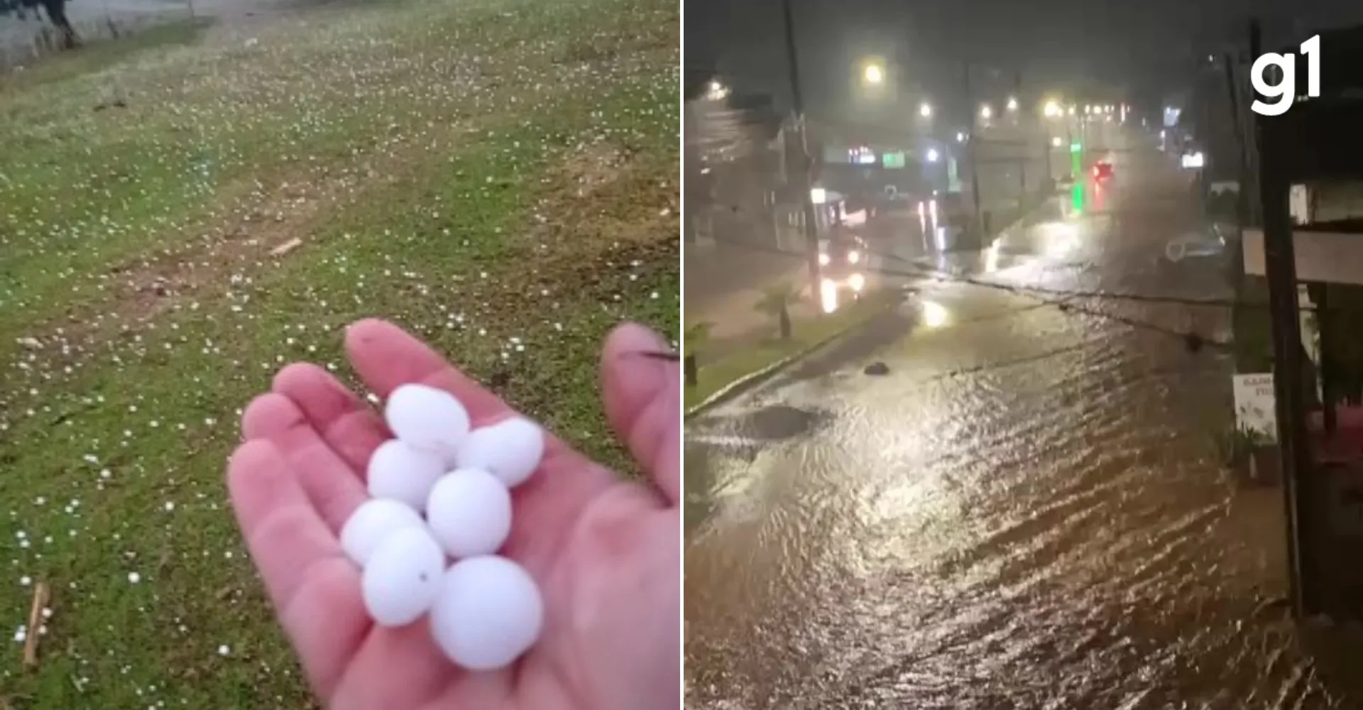Granizo em 2 regiões: RS tem campo coberto de gelo no Centro e chuva torrencial com alagamentos no Norte; VÍDEOS