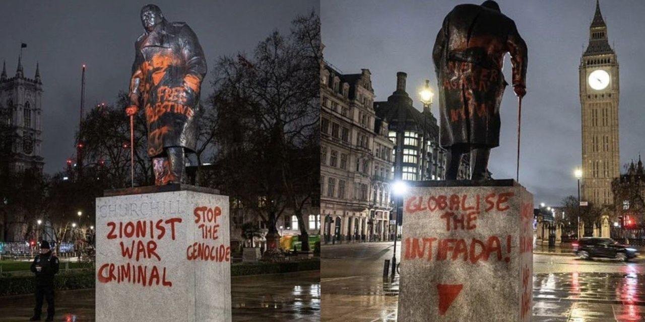 Estátua de Churchill é vandalizada na Inglaterra com tinta vermelha e frases pró-Palestina