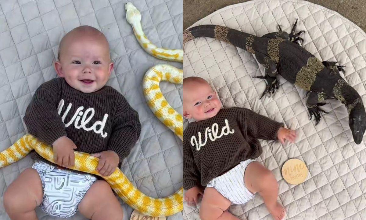 Mãe é detonada ao fazer fotos de bebê abraçado a cobras e sapos
