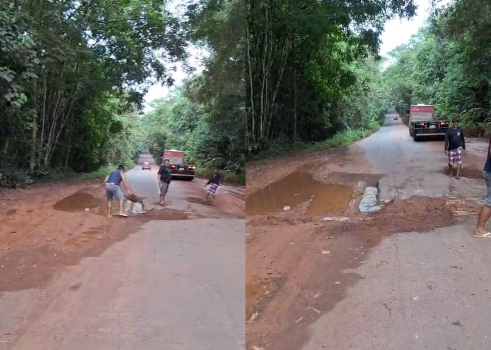 Caminhoneiros tapam buracos para evitar acidentes na BR-174 | G1