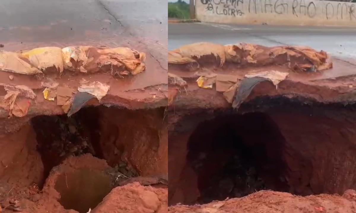 Erosão abre cratera e interdita ponte na avenida Ernesto Geisel; vídeo | G1