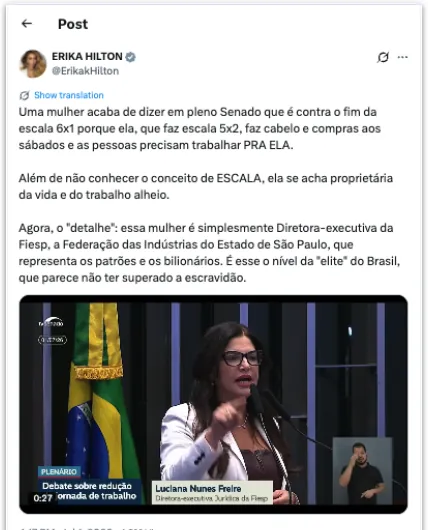 Diretora da Fiesp critica fim da 6 X 1 e reclama de salão fechado no sábado
