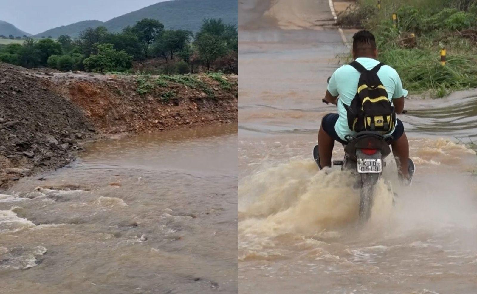 Barragem sangra e pista é coberta por rio após fortes chuvas no PI | G1