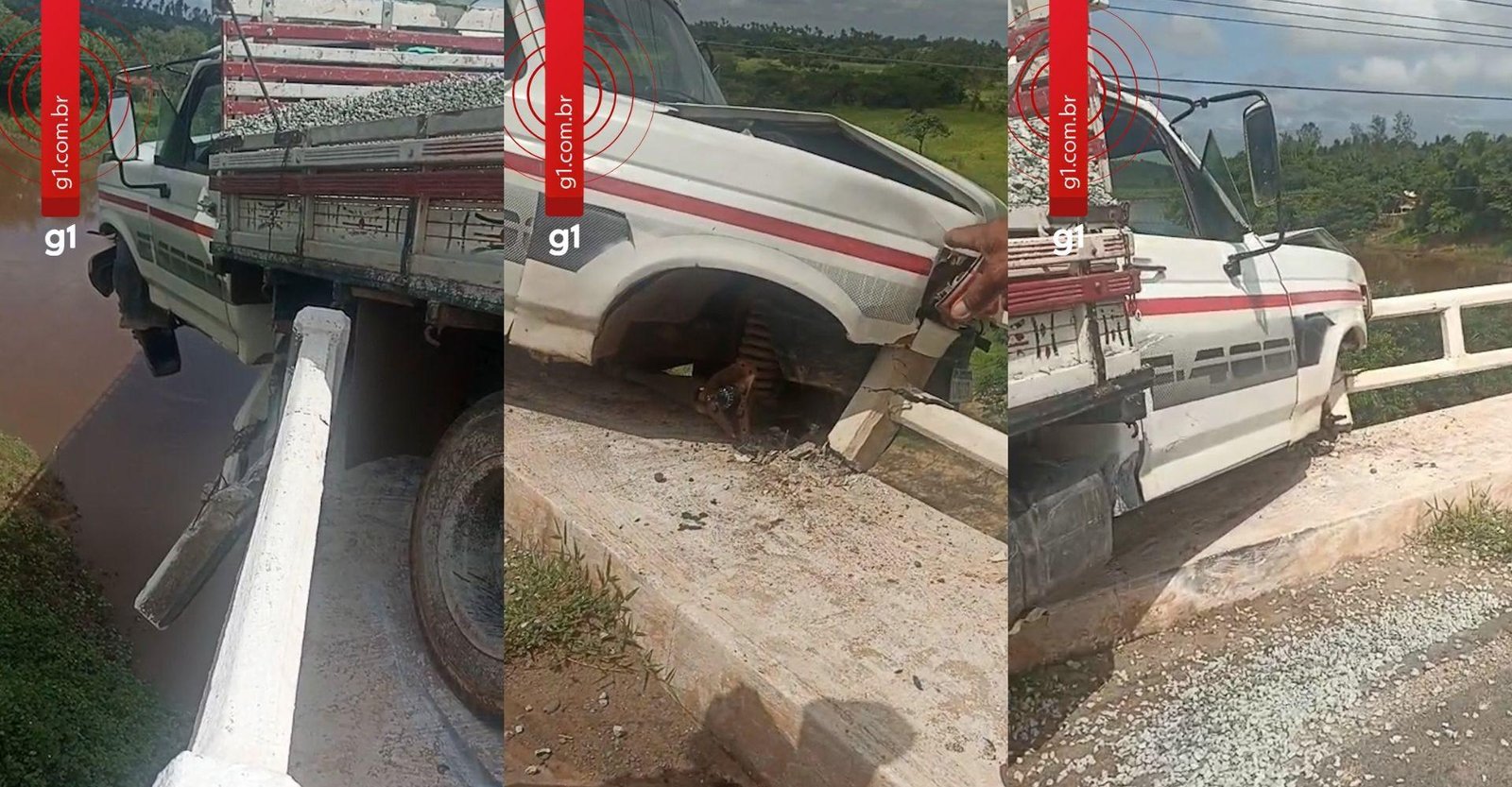 Caminhonete carregada com brita perde roda e fica pendurada em ponte | G1