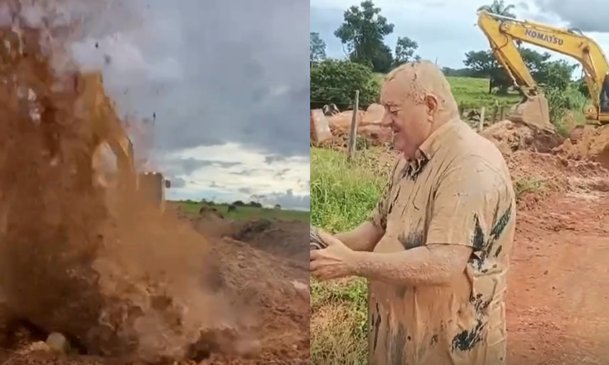 Vereador de MT leva banho de lama durante obra em estrada rural | G1