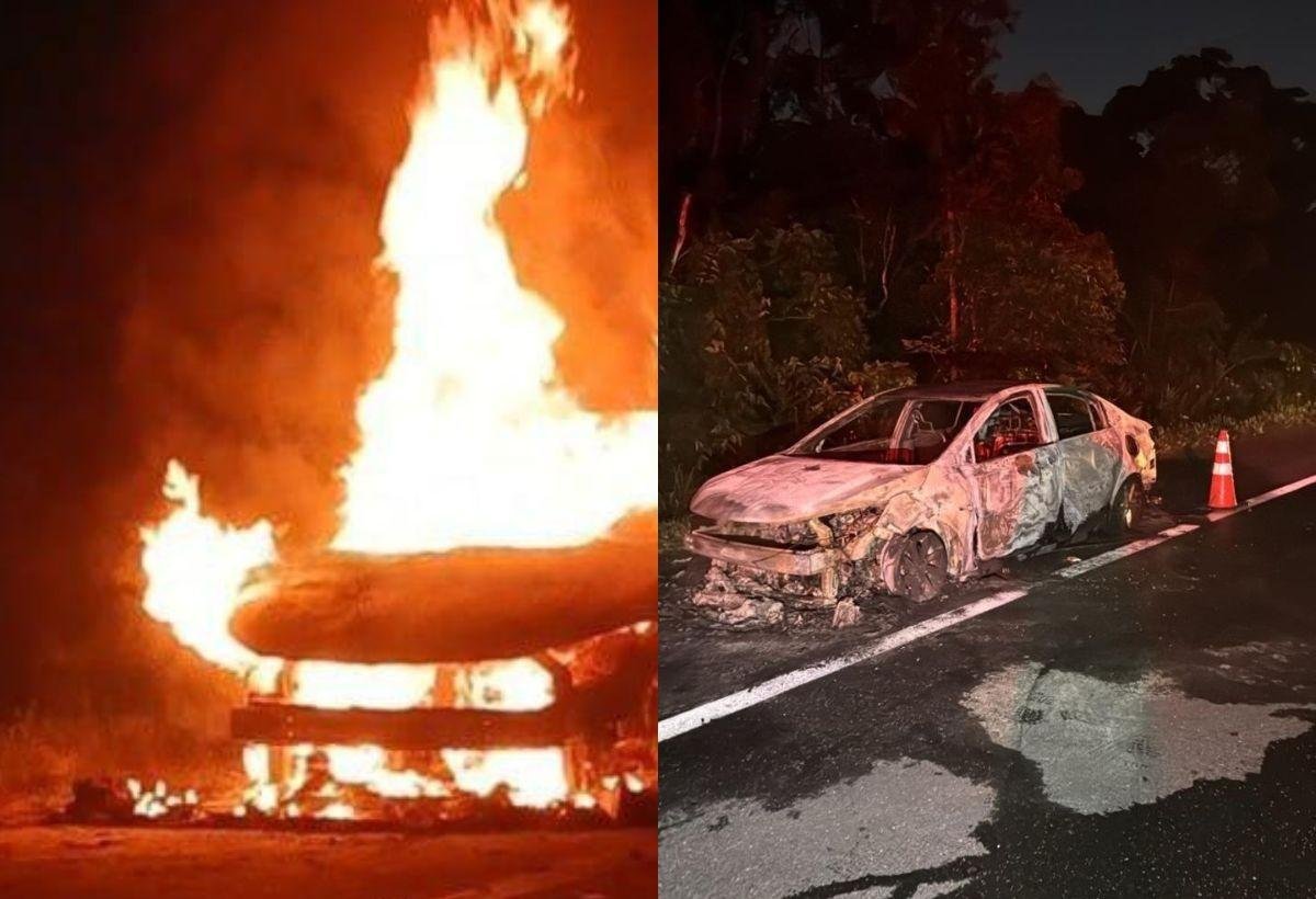 Incêndio deixa carro em chamas em rodovia no litoral de SP | G1