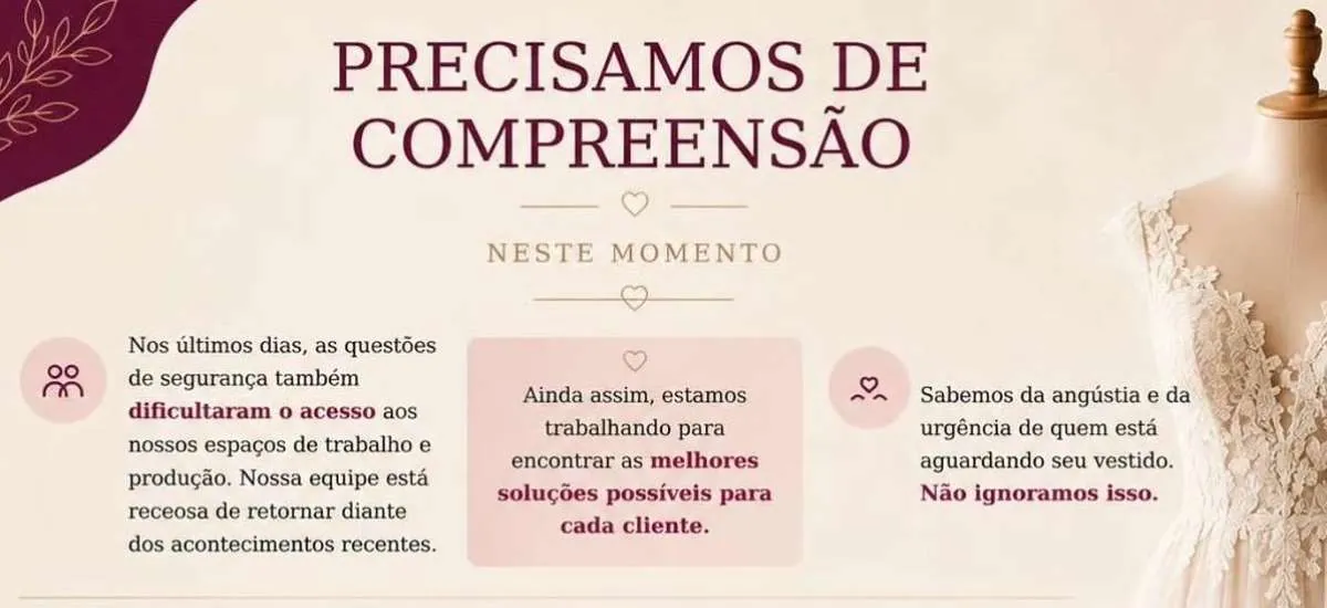 Loja de vestidos de noivas acusada de não entregar as peças diz ter sofrido ataques: ‘Recebemos ameaça’ e ‘Invasão’