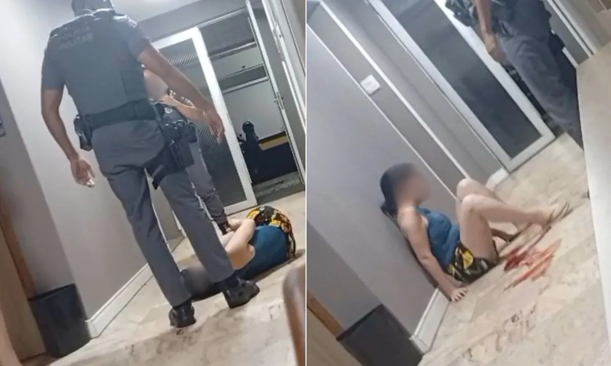 PM é filmado chutando rosto de mulher em prédio no litoral de SP | G1