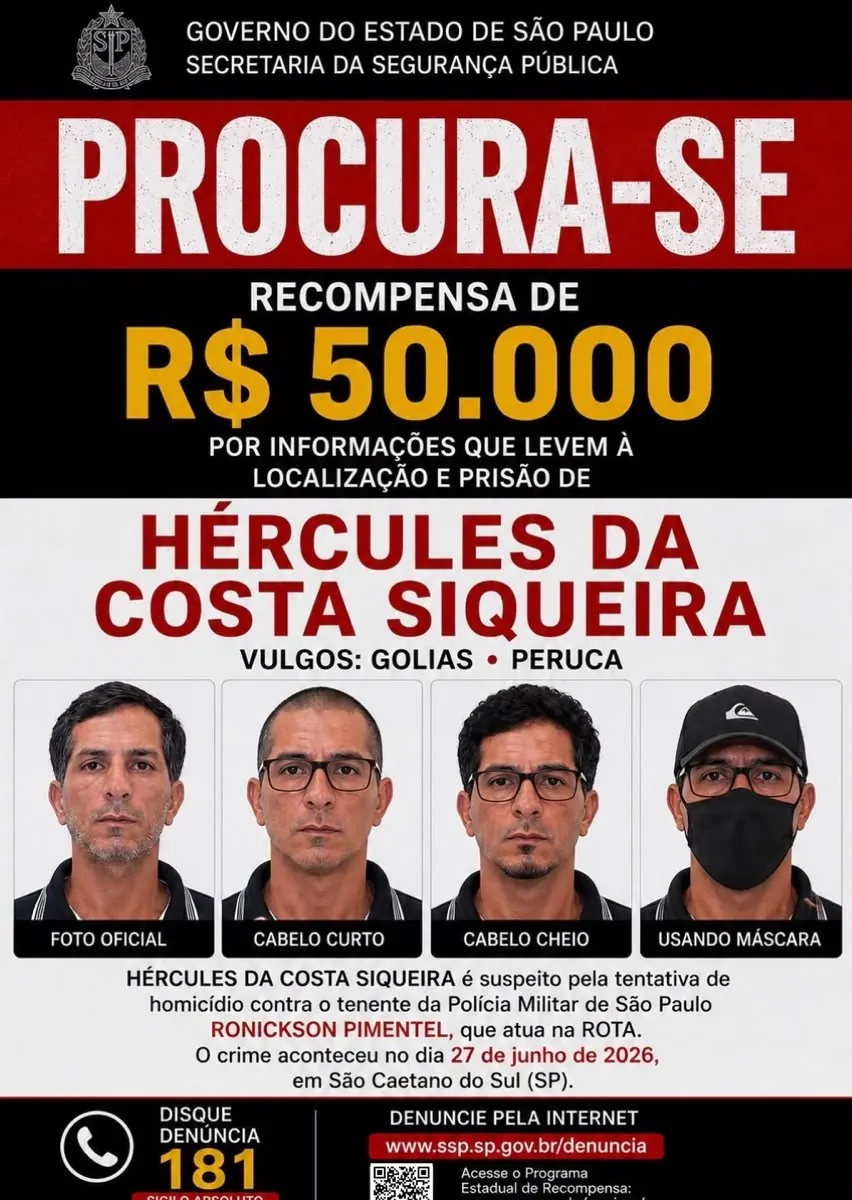 SSP oferece recompensa de R$ 50 mil por informações sobre suspeito de atentado contra tenente da Rota