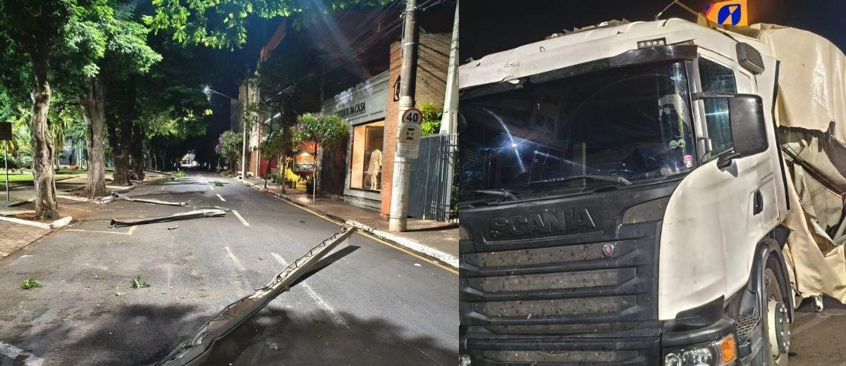 Caminhoneiro embriagado derruba tendas, atinge portão e rede elétrica | G1