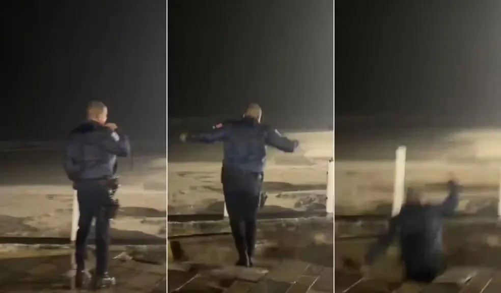 Guarda civil é engolido por cratera após calçada ceder durante temporal em Praia Grande; veja vídeo