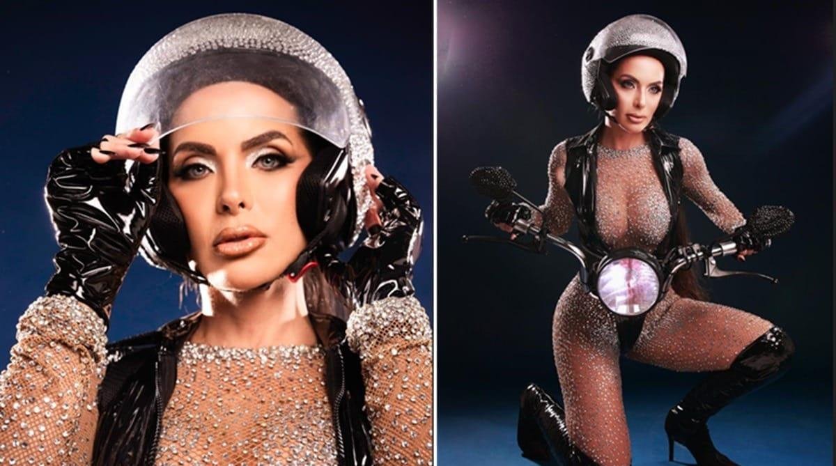 Carla Prata homenageia pai e motoqueiros com fantasia em ensaio da Tucuruvi